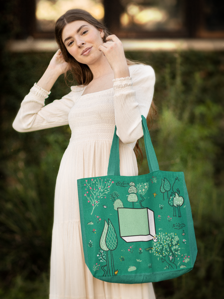 sublimated tote bag mockup featuring a young woman in a cottagecore styled outfit m18728