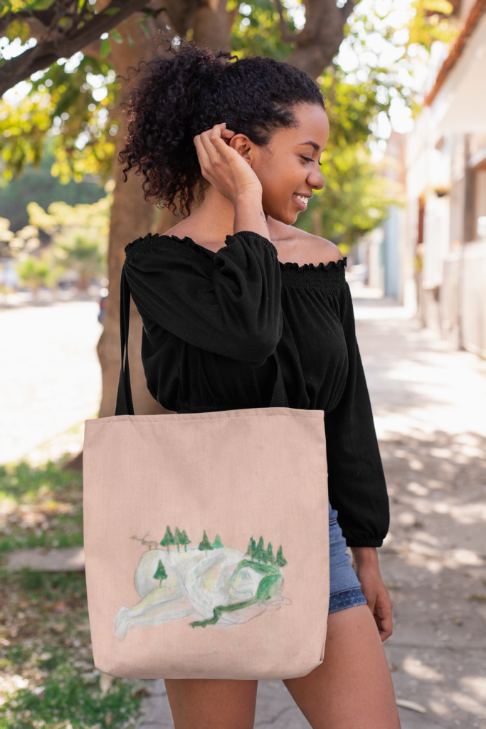 tote bag mockup of a woman fixing her hair on a street 26695